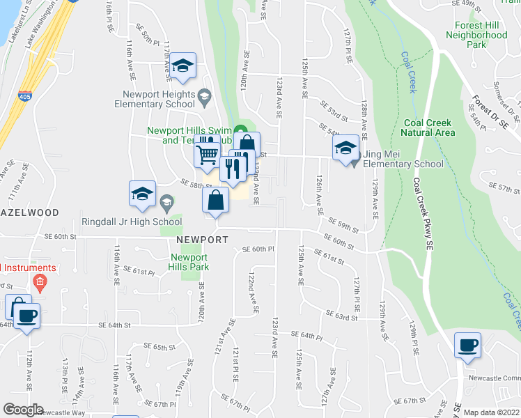 map of restaurants, bars, coffee shops, grocery stores, and more near 12230 Southeast 60th Street in Bellevue