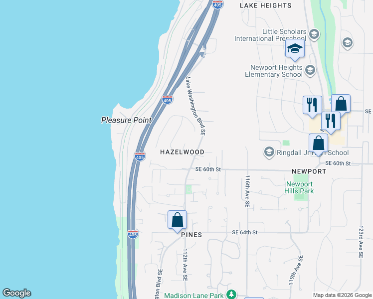 map of restaurants, bars, coffee shops, grocery stores, and more near 11121 Southeast 59th Street in Bellevue