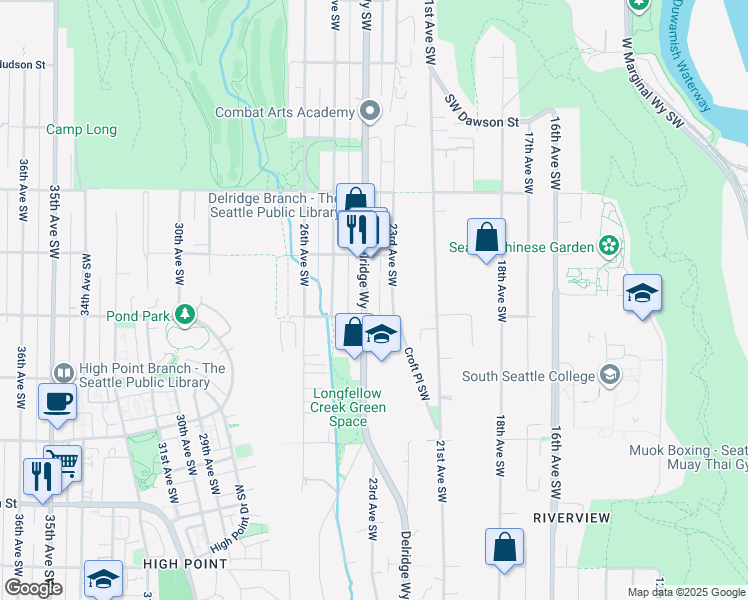 map of restaurants, bars, coffee shops, grocery stores, and more near 5656 Southwest Juneau Street in Seattle