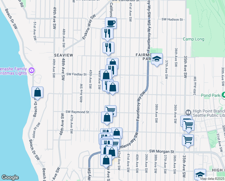 map of restaurants, bars, coffee shops, grocery stores, and more near California Avenue Southwest in Seattle