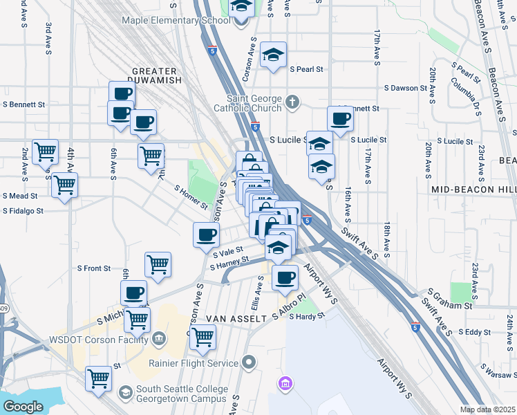 map of restaurants, bars, coffee shops, grocery stores, and more near 5938 Airport Way South in Seattle