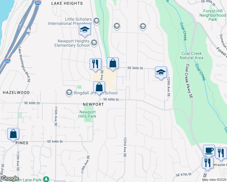 map of restaurants, bars, coffee shops, grocery stores, and more near 12211 Southeast 59th Street in Bellevue