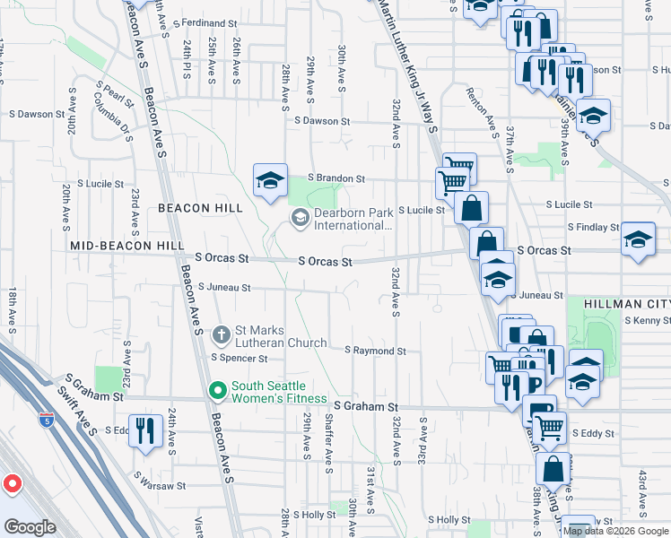 map of restaurants, bars, coffee shops, grocery stores, and more near 2844 South Juneau Street in Seattle