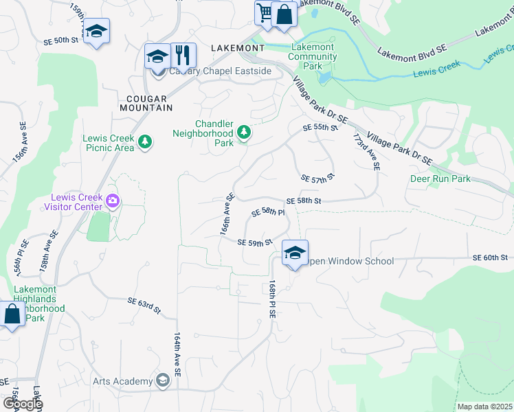 map of restaurants, bars, coffee shops, grocery stores, and more near 16790 Southeast 58th Place in Bellevue