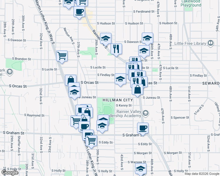 map of restaurants, bars, coffee shops, grocery stores, and more near 3942 South Juneau Street in Seattle