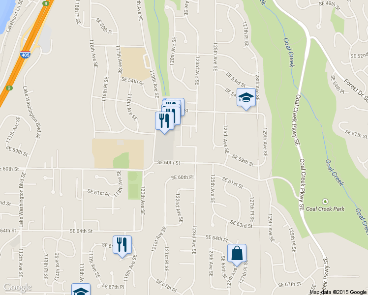 map of restaurants, bars, coffee shops, grocery stores, and more near 12230 Southeast 60th Street in Bellevue