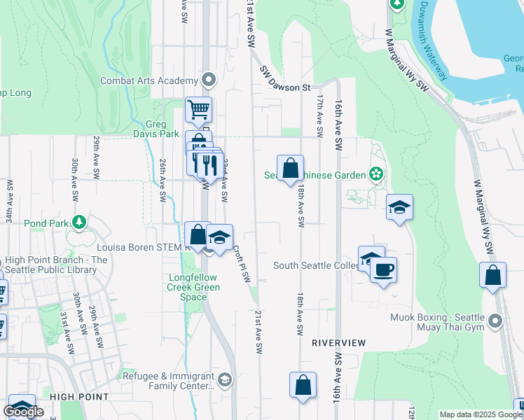 map of restaurants, bars, coffee shops, grocery stores, and more near 5900 21st Avenue Southwest in Seattle