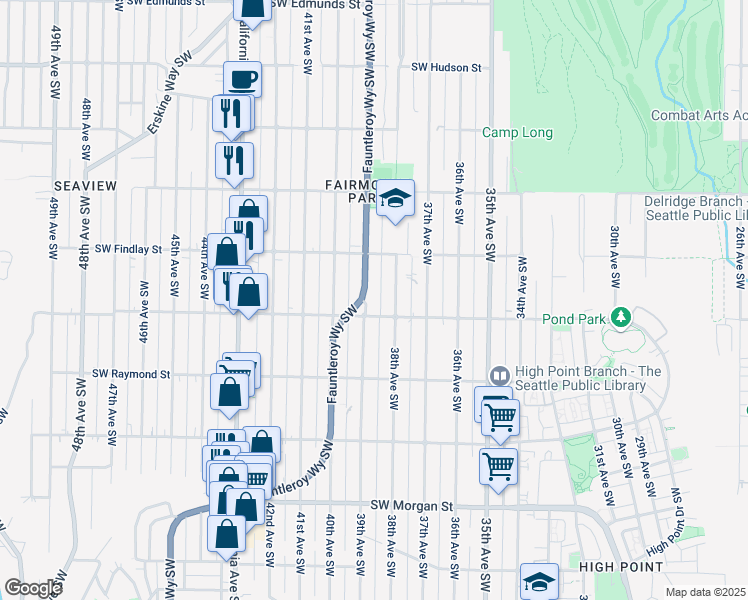 map of restaurants, bars, coffee shops, grocery stores, and more near 5907 39th Avenue Southwest in Seattle