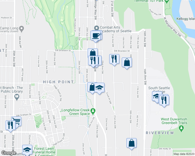 map of restaurants, bars, coffee shops, grocery stores, and more near 5638 Delridge Way Southwest in Seattle