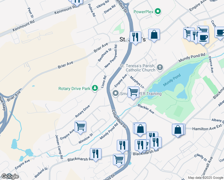 map of restaurants, bars, coffee shops, grocery stores, and more near 346 Empire Avenue in Saint John's