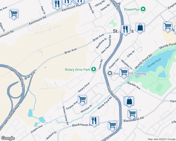 map of restaurants, bars, coffee shops, grocery stores, and more near New Pennywell Road in St. John's