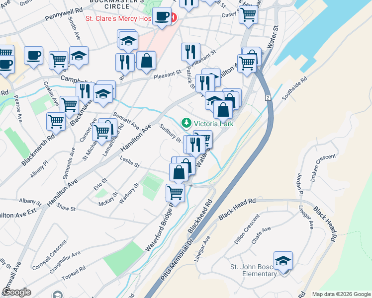 map of restaurants, bars, coffee shops, grocery stores, and more near 23 Sudbury Street in St. John's