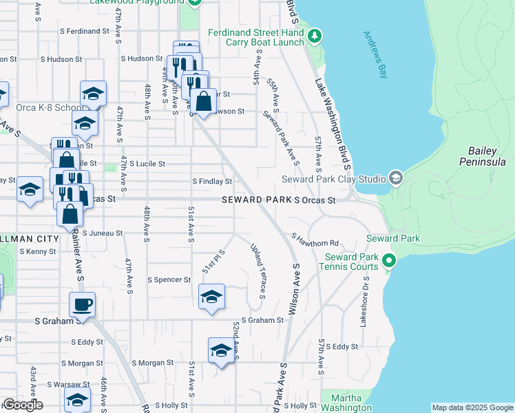 map of restaurants, bars, coffee shops, grocery stores, and more near 5701 Wilson Avenue South in Seattle