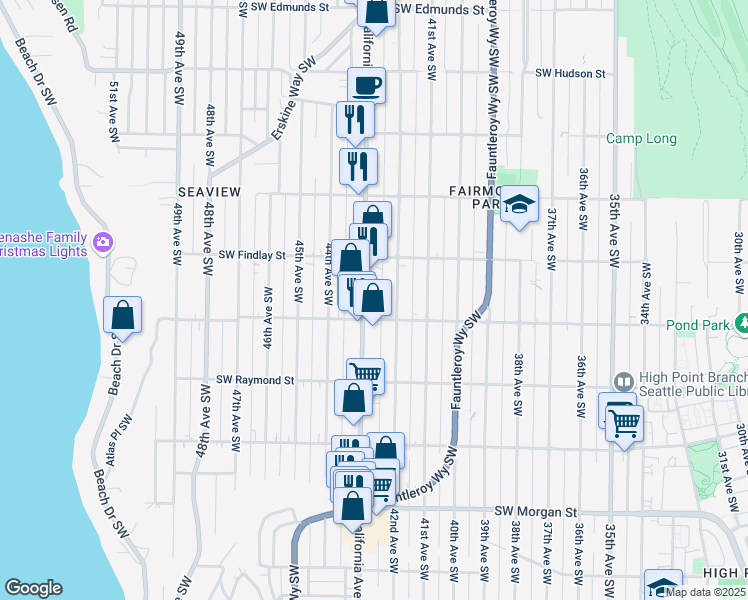 map of restaurants, bars, coffee shops, grocery stores, and more near 5616 California Avenue Southwest in Seattle