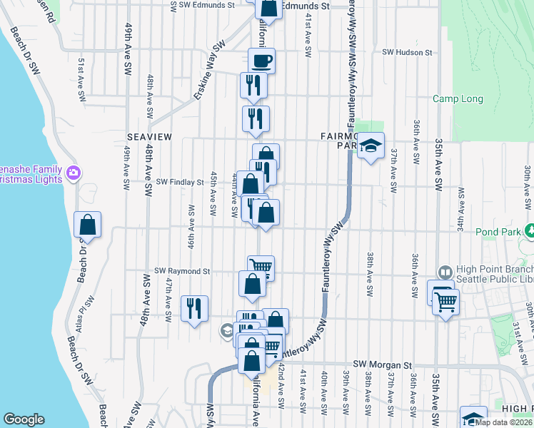 map of restaurants, bars, coffee shops, grocery stores, and more near 5642 California Avenue Southwest in Seattle