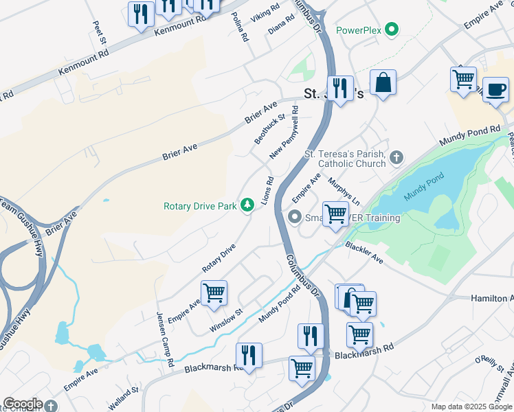 map of restaurants, bars, coffee shops, grocery stores, and more near 28 Lions Road in St. John's