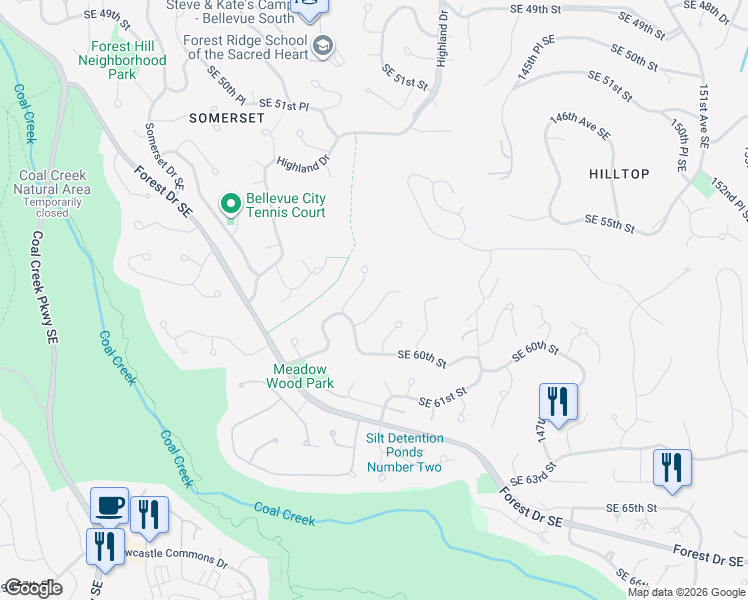 map of restaurants, bars, coffee shops, grocery stores, and more near 5723 141st Place Southeast in Bellevue