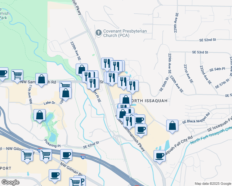 map of restaurants, bars, coffee shops, grocery stores, and more near 5614 East Lake Sammamish Parkway Southeast in Issaquah