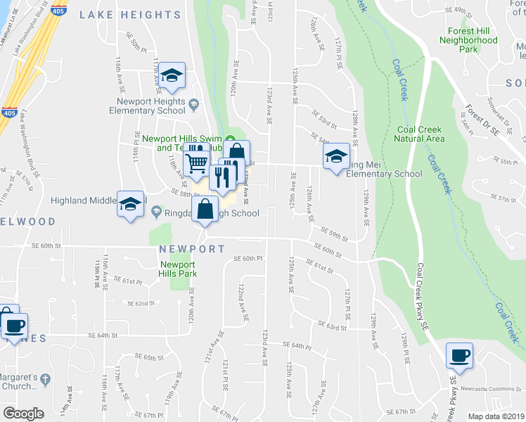 map of restaurants, bars, coffee shops, grocery stores, and more near 5721 122nd Place Southeast in Bellevue