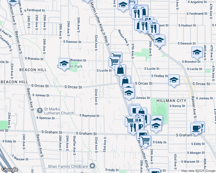 map of restaurants, bars, coffee shops, grocery stores, and more near 5532 33rd Avenue South in Seattle