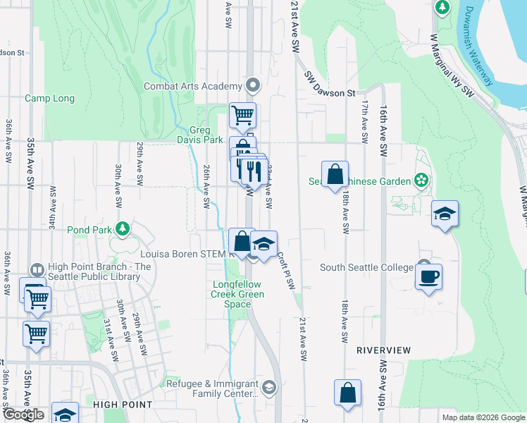 map of restaurants, bars, coffee shops, grocery stores, and more near 5608 Delridge Way Southwest in Seattle