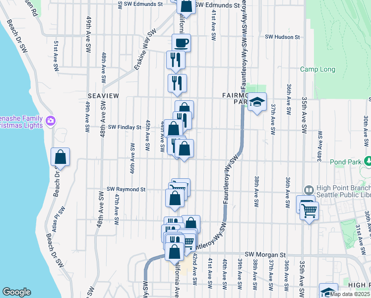 map of restaurants, bars, coffee shops, grocery stores, and more near 5616 California Avenue Southwest in Seattle