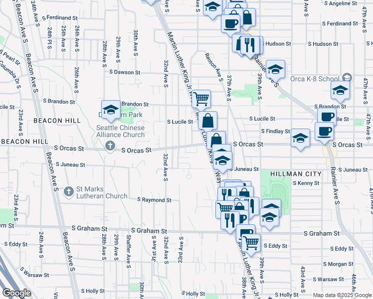 map of restaurants, bars, coffee shops, grocery stores, and more near 5532 33rd Avenue South in Seattle