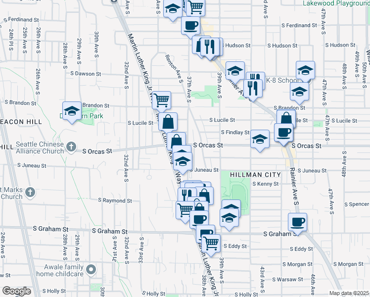 map of restaurants, bars, coffee shops, grocery stores, and more near 5610 37th Avenue South in Seattle