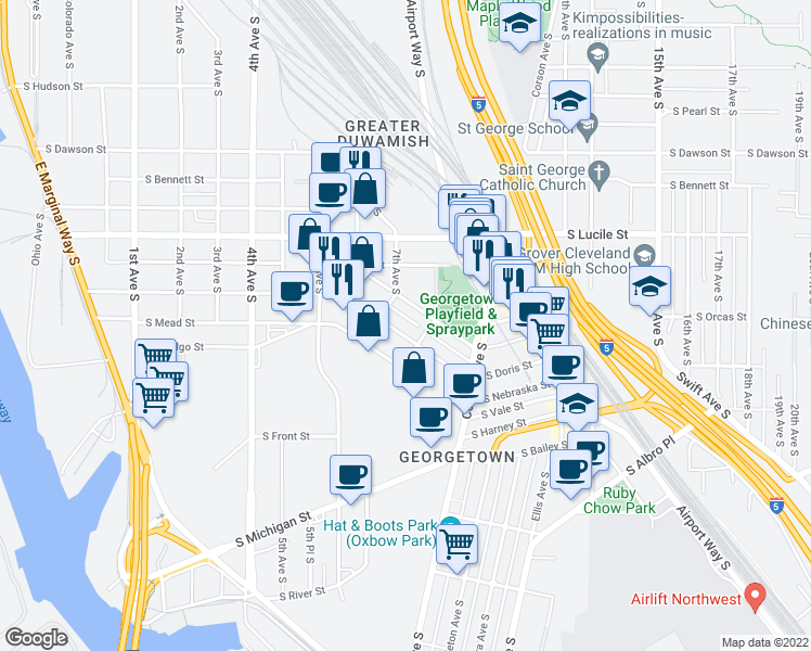map of restaurants, bars, coffee shops, grocery stores, and more near 711 South Homer Street in Seattle
