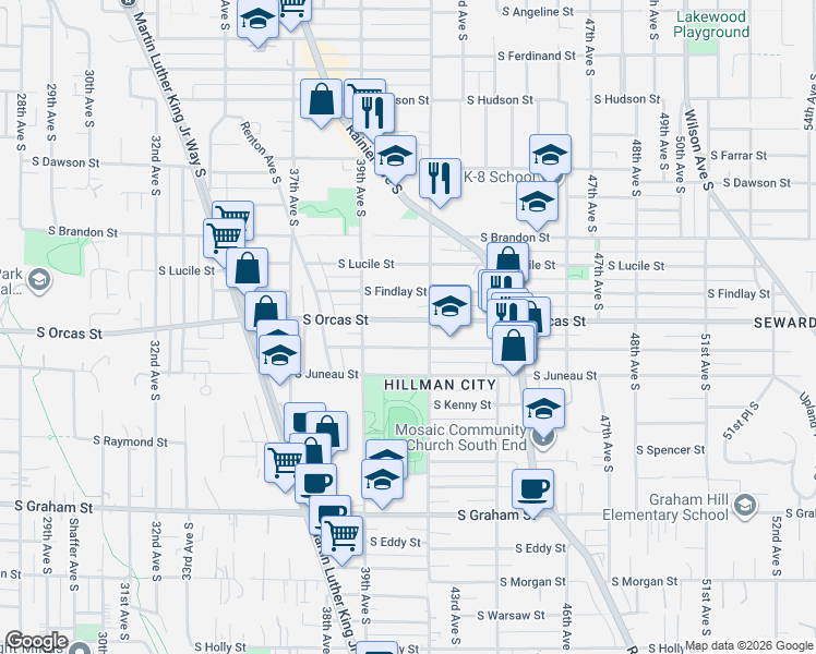 map of restaurants, bars, coffee shops, grocery stores, and more near 3948 South Orcas Street in Seattle