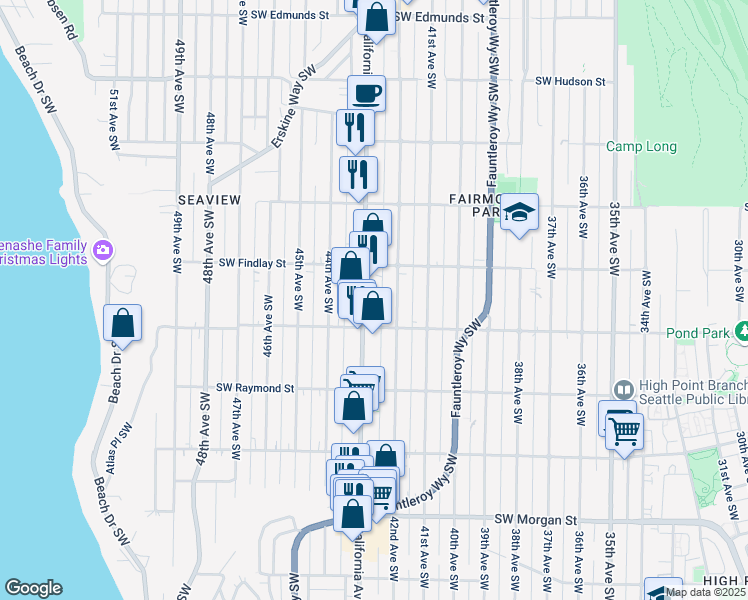 map of restaurants, bars, coffee shops, grocery stores, and more near 5630 California Avenue Southwest in Seattle