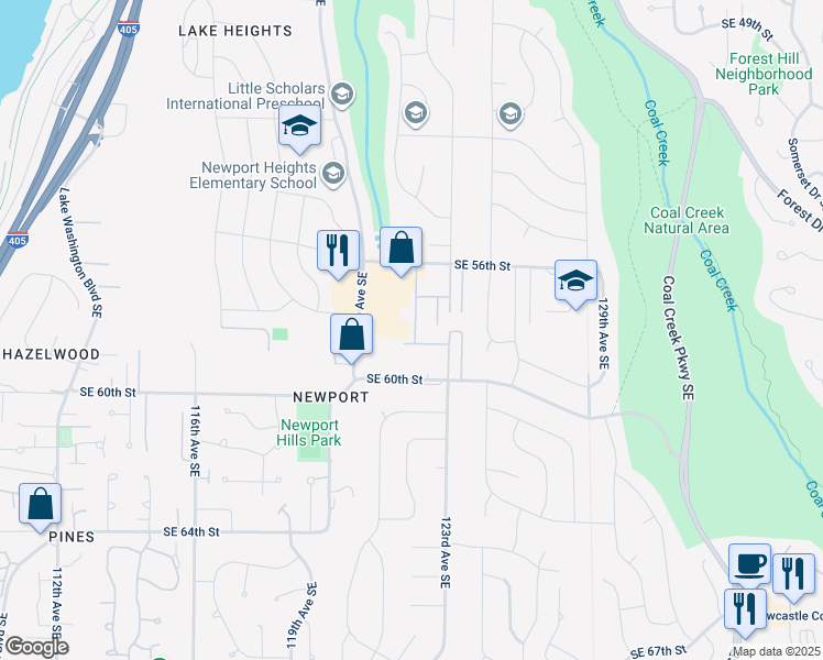 map of restaurants, bars, coffee shops, grocery stores, and more near 5721 122nd Place Southeast in Bellevue