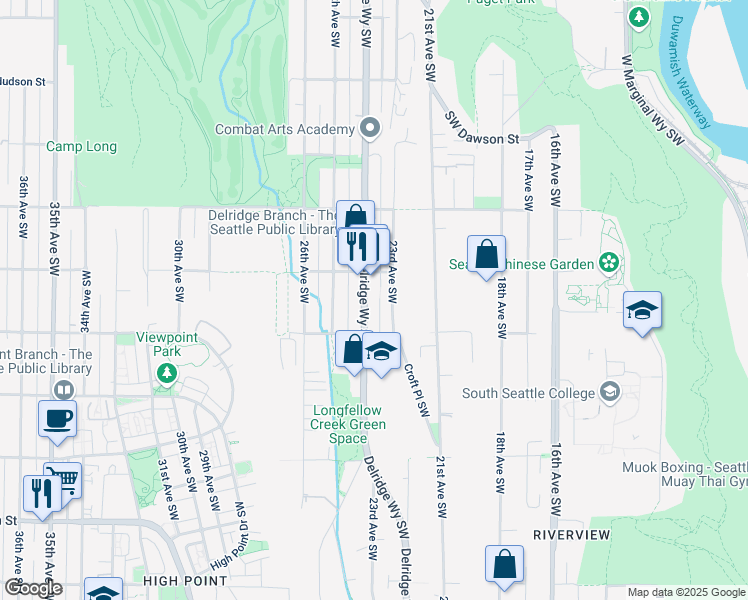 map of restaurants, bars, coffee shops, grocery stores, and more near 5608 Delridge Way Southwest in Seattle