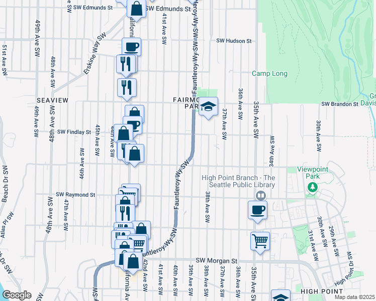 map of restaurants, bars, coffee shops, grocery stores, and more near 5617 Fauntleroy Way Southwest in Seattle