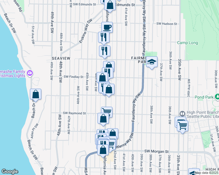 map of restaurants, bars, coffee shops, grocery stores, and more near 5616 California Avenue Southwest in Seattle