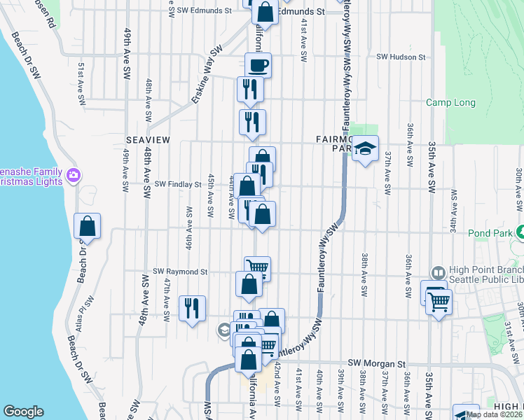 map of restaurants, bars, coffee shops, grocery stores, and more near 5616 California Avenue Southwest in Seattle