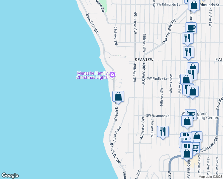 map of restaurants, bars, coffee shops, grocery stores, and more near 5625 Beach Drive Southwest in Seattle