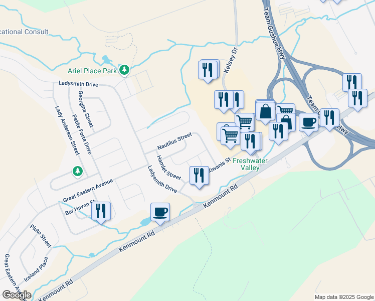 map of restaurants, bars, coffee shops, grocery stores, and more near 18 Miranda Street in St. John's