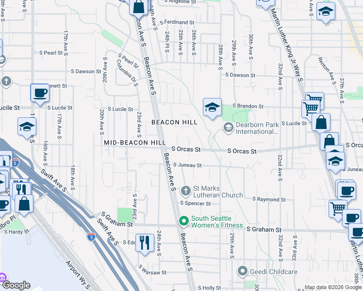 map of restaurants, bars, coffee shops, grocery stores, and more near 5479 25th Avenue South in Seattle