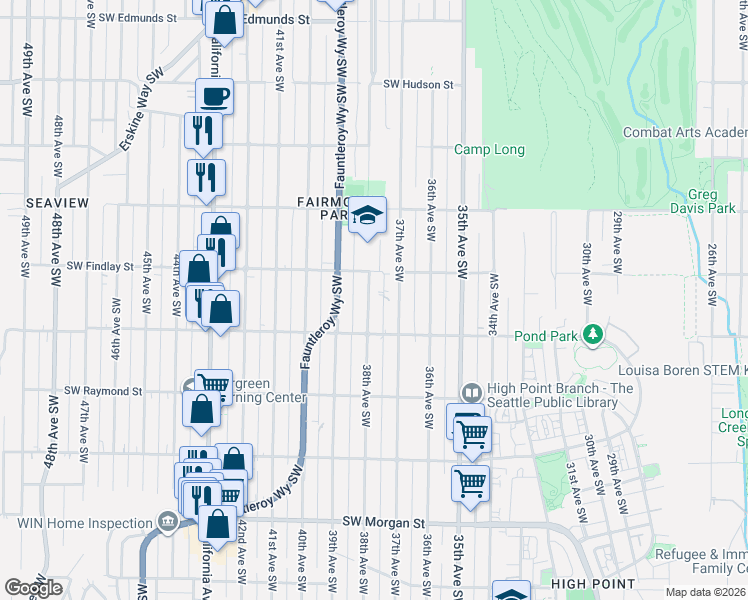 map of restaurants, bars, coffee shops, grocery stores, and more near 5613 38th Avenue Southwest in Seattle