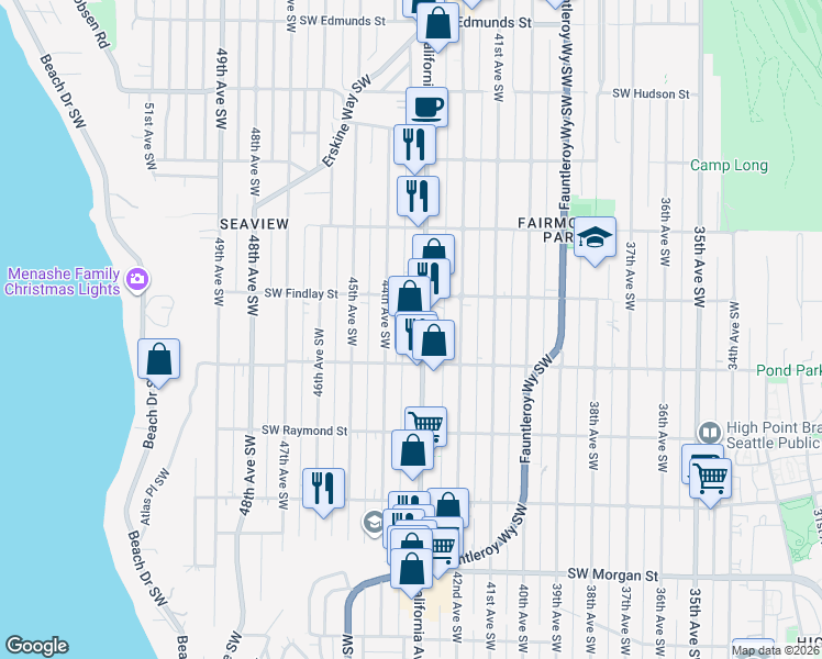 map of restaurants, bars, coffee shops, grocery stores, and more near 5616 44th Avenue Southwest in Seattle