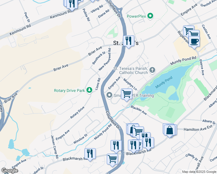 map of restaurants, bars, coffee shops, grocery stores, and more near 502 Empire Avenue in St. John's