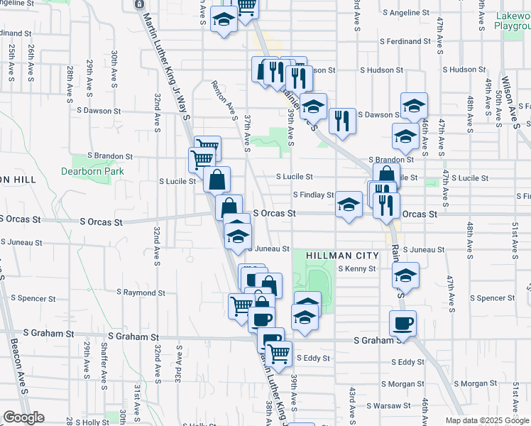 map of restaurants, bars, coffee shops, grocery stores, and more near Renton Ave S & S Orcas St in Seattle