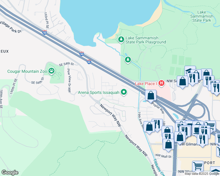 map of restaurants, bars, coffee shops, grocery stores, and more near 2112 Northwest Steelrake Place in Issaquah