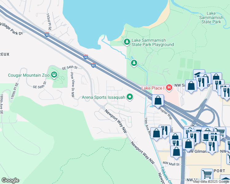 map of restaurants, bars, coffee shops, grocery stores, and more near 2112 Northwest Steelrake Place in Issaquah