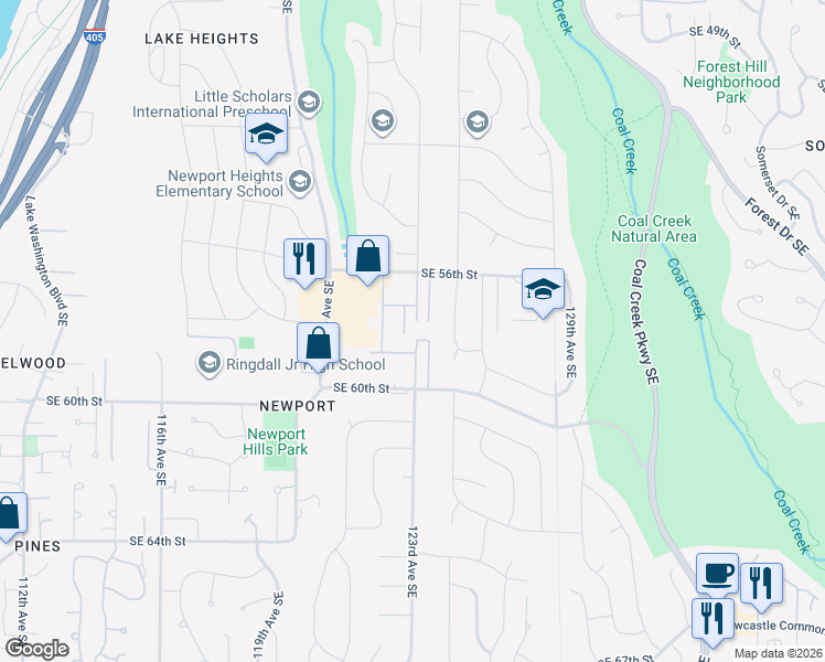 map of restaurants, bars, coffee shops, grocery stores, and more near 5721 122nd Place Southeast in Bellevue
