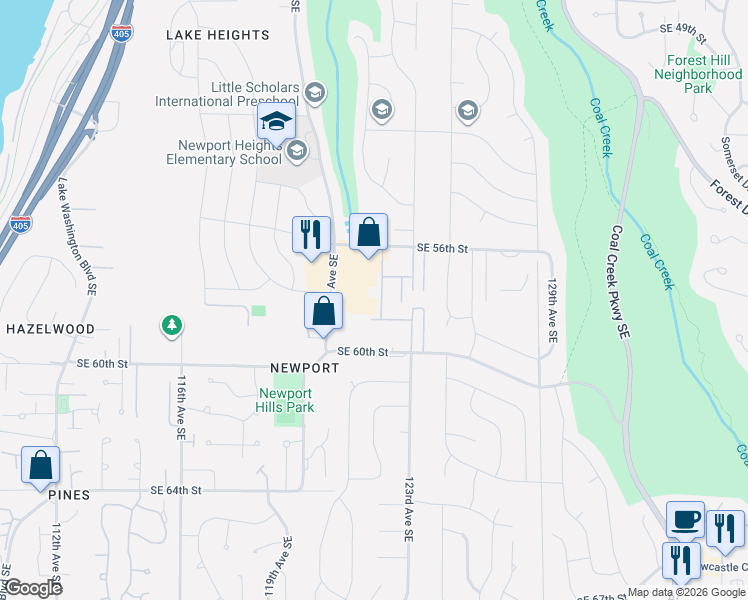 map of restaurants, bars, coffee shops, grocery stores, and more near 5800 119th Avenue Southeast in Bellevue
