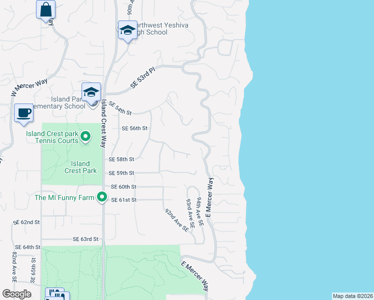 map of restaurants, bars, coffee shops, grocery stores, and more near 5645 East Mercer Way in Mercer Island