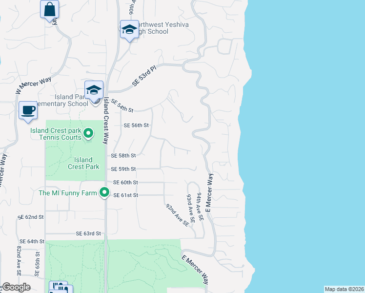 map of restaurants, bars, coffee shops, grocery stores, and more near 9208 Southeast 57th Street in Mercer Island