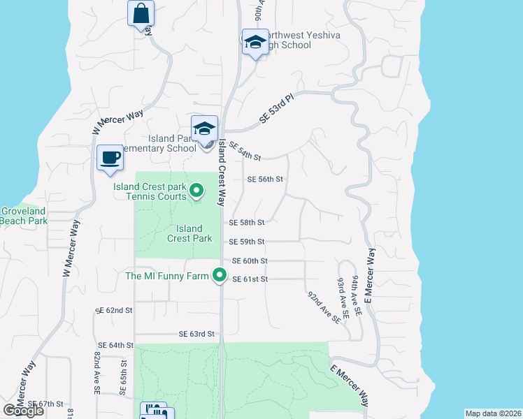map of restaurants, bars, coffee shops, grocery stores, and more near 5725 91st Avenue Southeast in Mercer Island